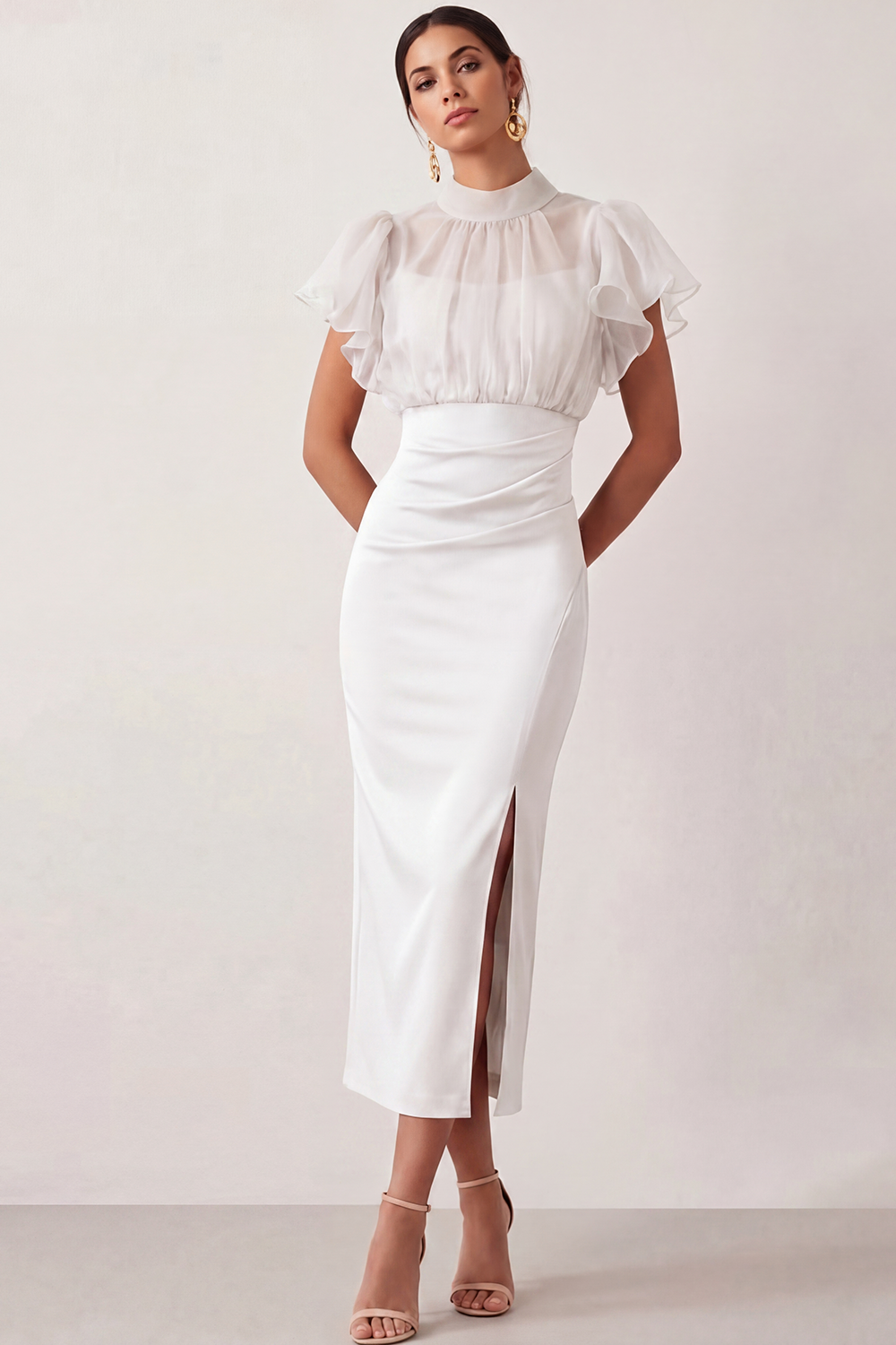 English Rose Work Dress Sheath Flutter Sleeve Midi Dress with Slit
