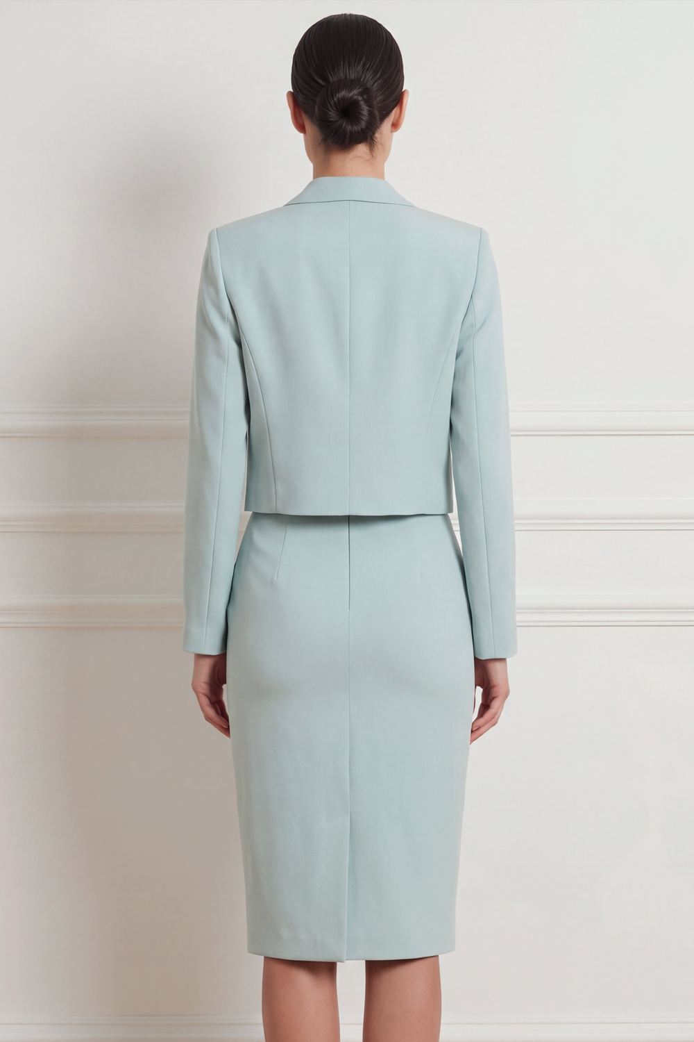 Lake Blue Work Suit Sets Lapel Long Sleeve Bodycon Midi Skirts Set