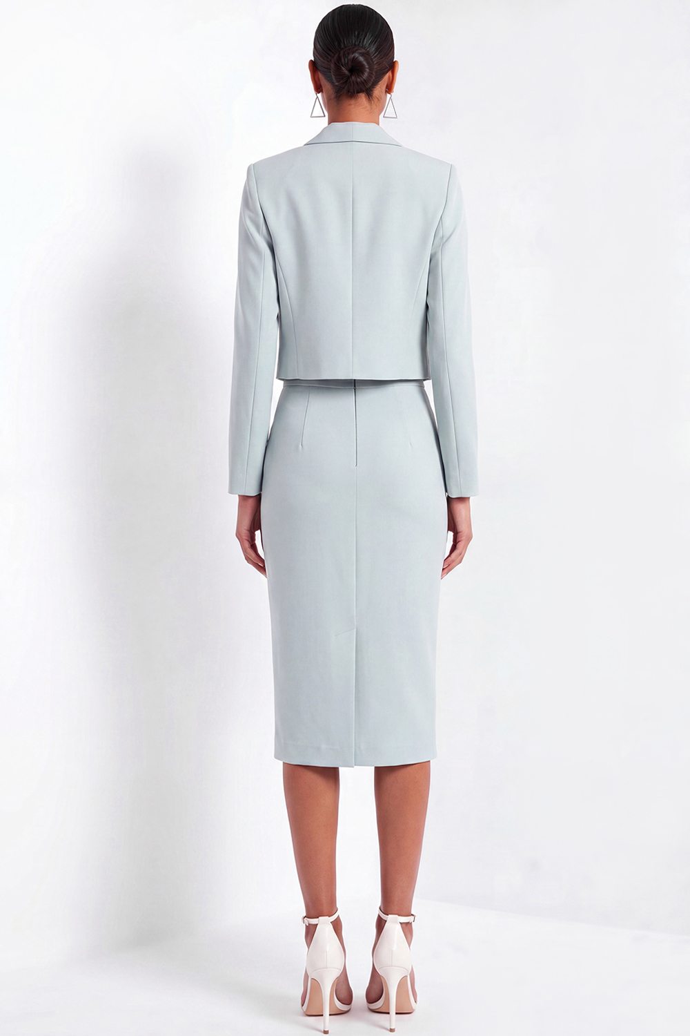 Lake Blue Work Suit Sets Lapel Long Sleeve Bodycon Midi Skirts Set
