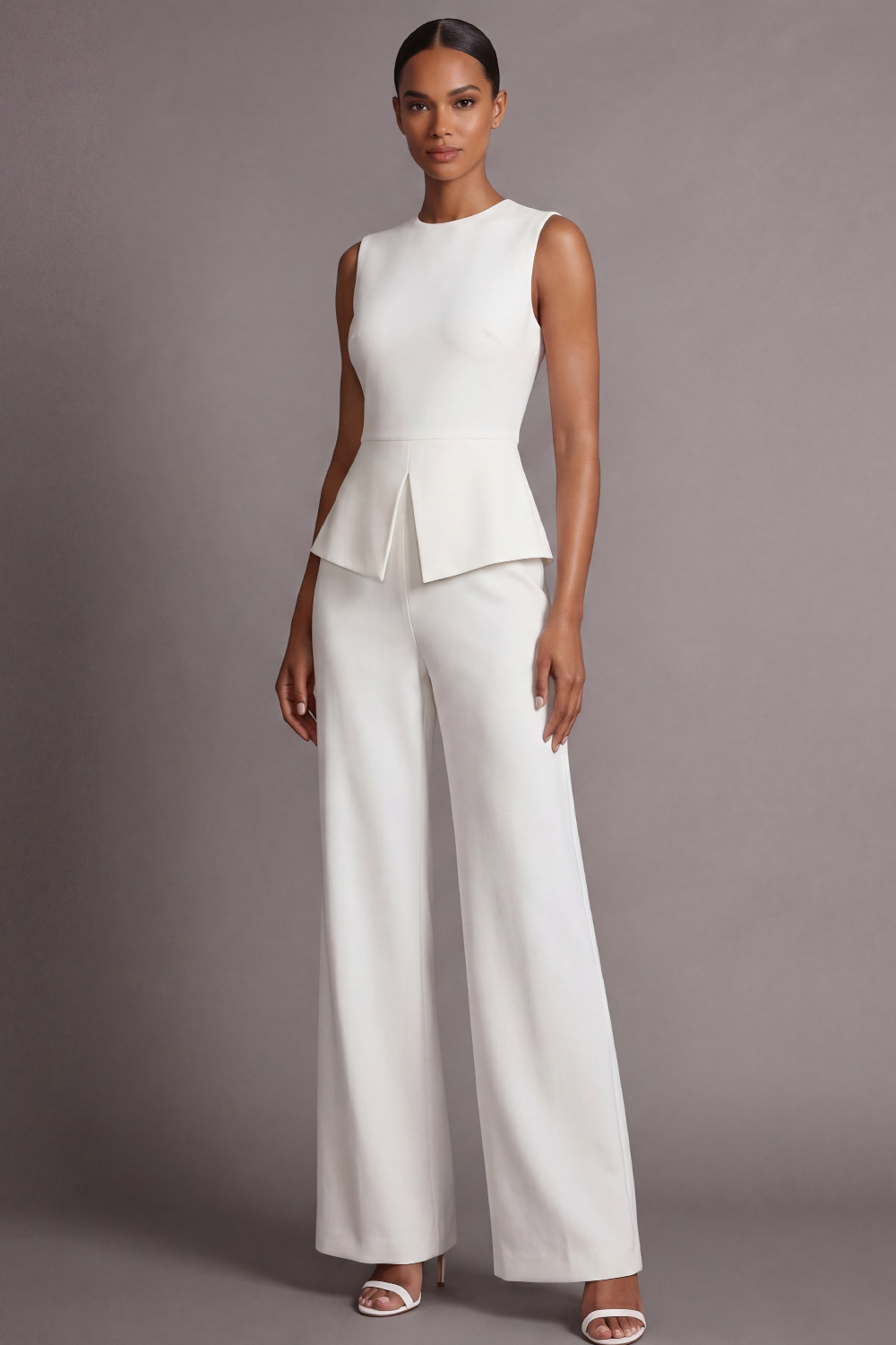 White Work Suit Sets Round Neck Sleeveless Pants Set