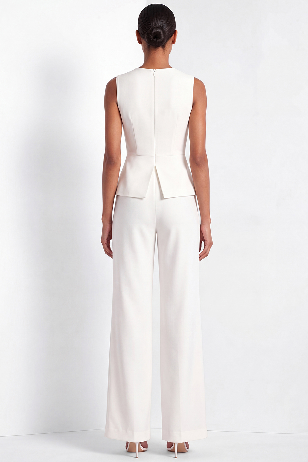 White Work Suit Sets Round Neck Sleeveless Pants Set