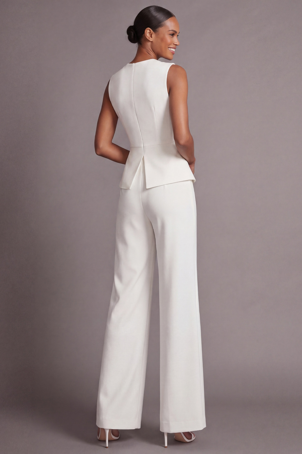 White Work Suit Sets Round Neck Sleeveless Pants Set