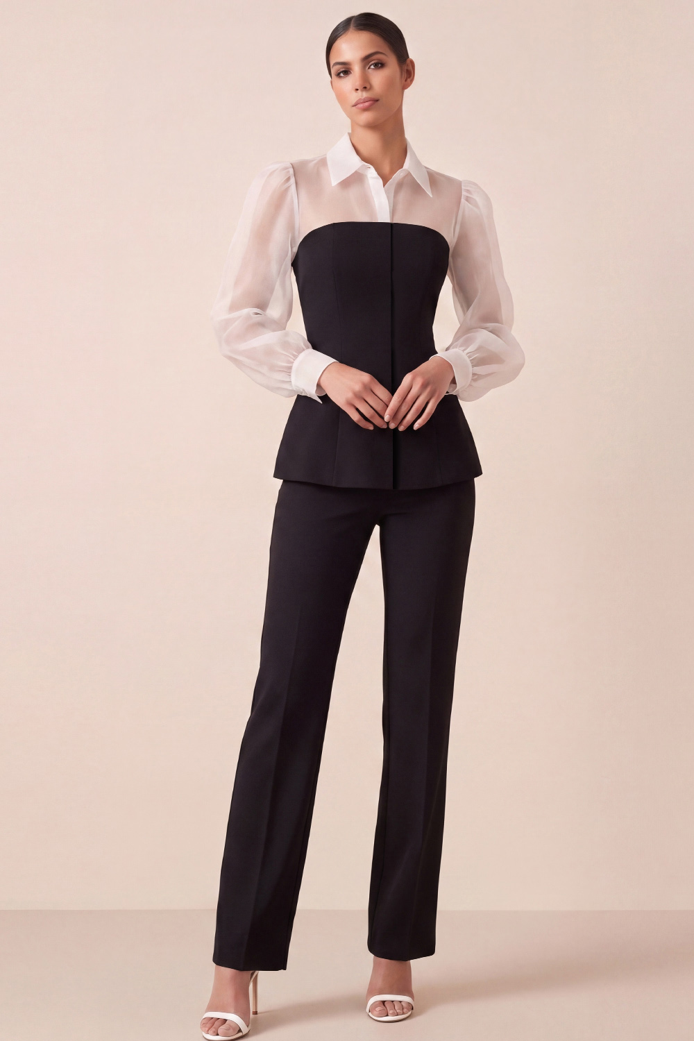 Black Work Suit Sets Point Collar Tulle Long Sleeve Pants Set 