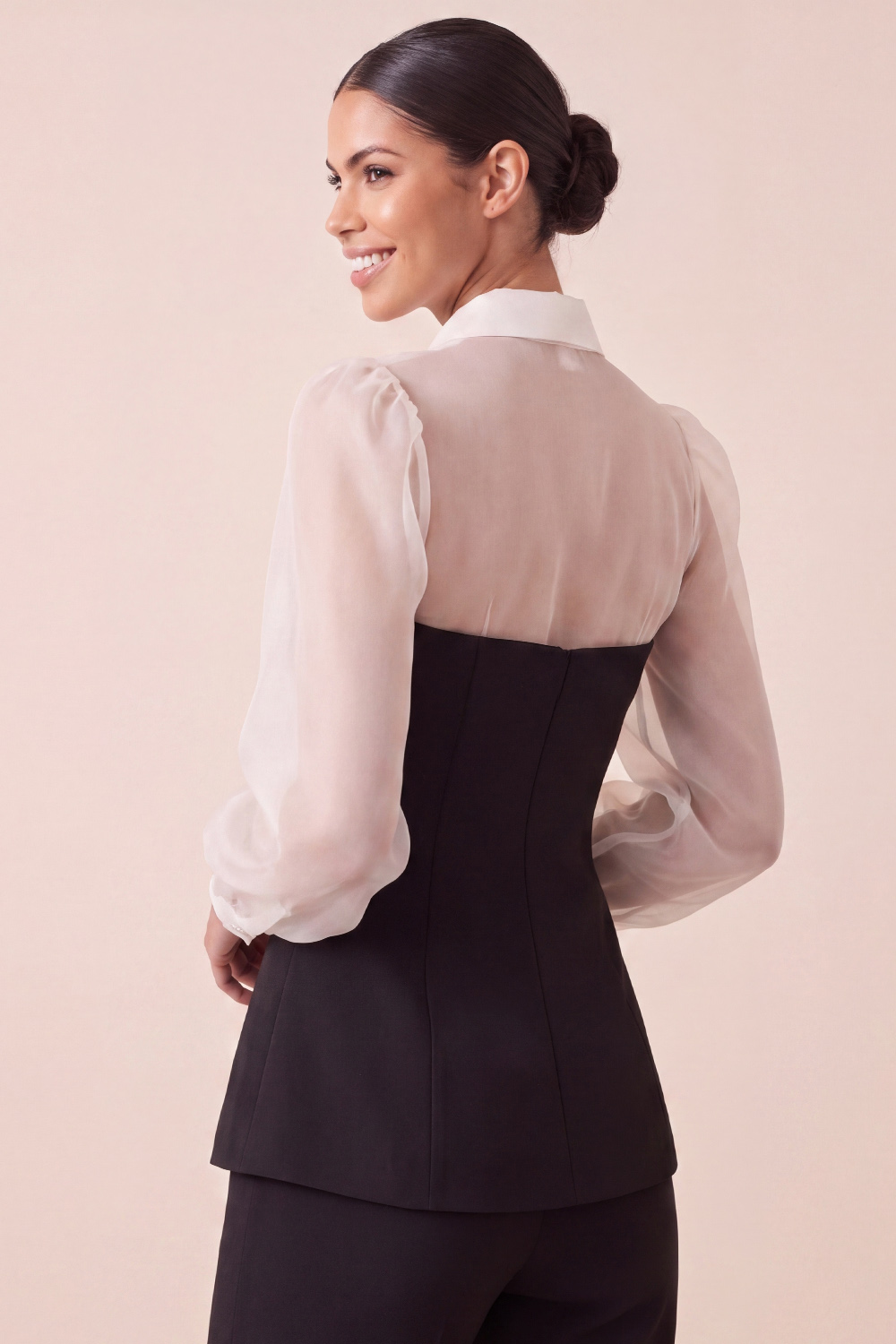 Black Work Suit Sets Point Collar Tulle Long Sleeve Pants Set 