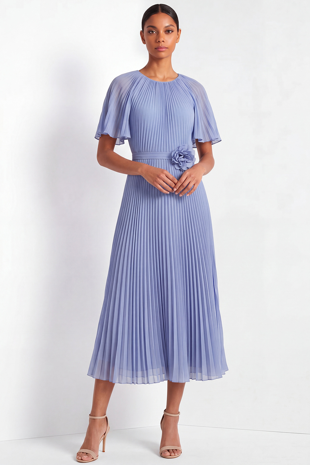 Blue Formal Dress Flutter Sleeve Pleated Midi Dress with 3D Flower