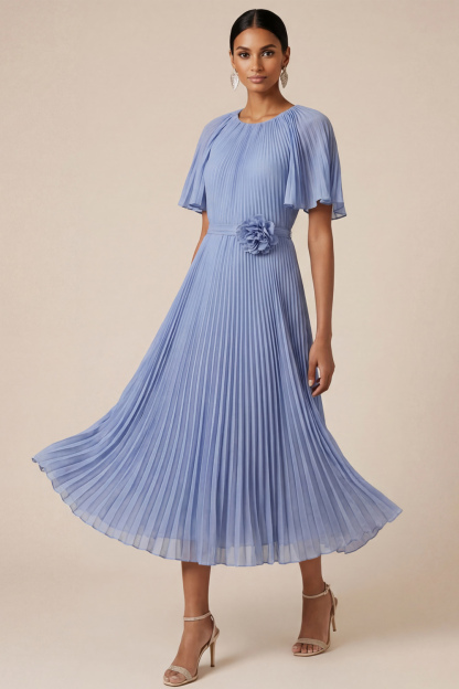 Blue Formal Dress Flutter Sleeve Pleated Midi Dress with 3D Flower