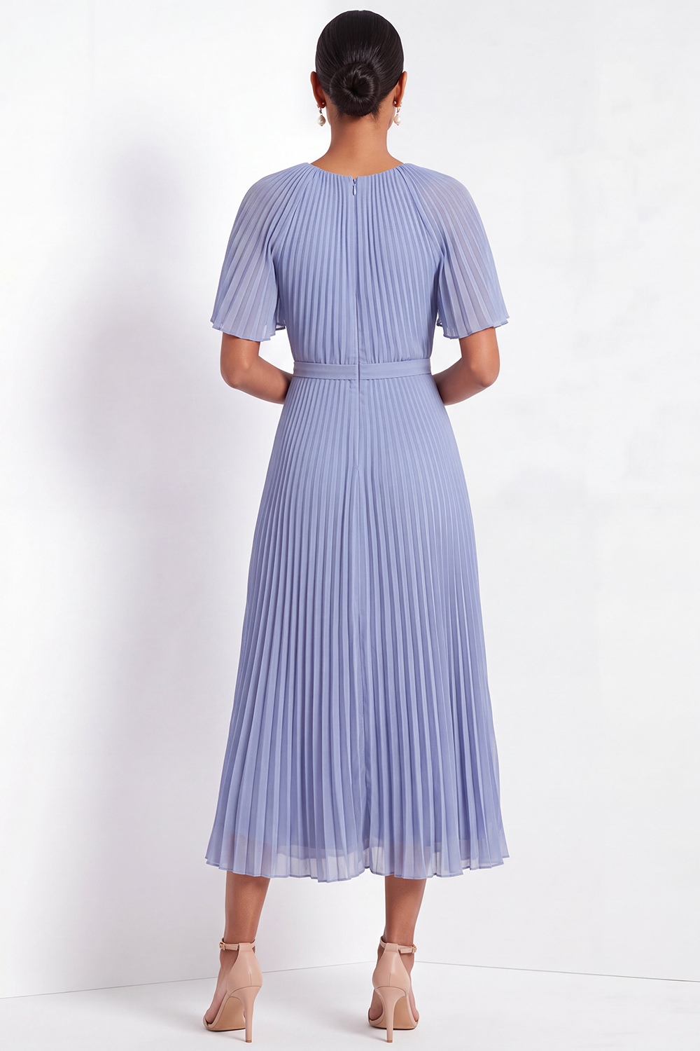 Blue Formal Dress Flutter Sleeve Pleated Midi Dress with 3D Flower