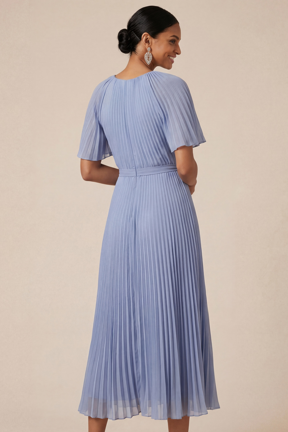 Blue Formal Dress Flutter Sleeve Pleated Midi Dress with 3D Flower