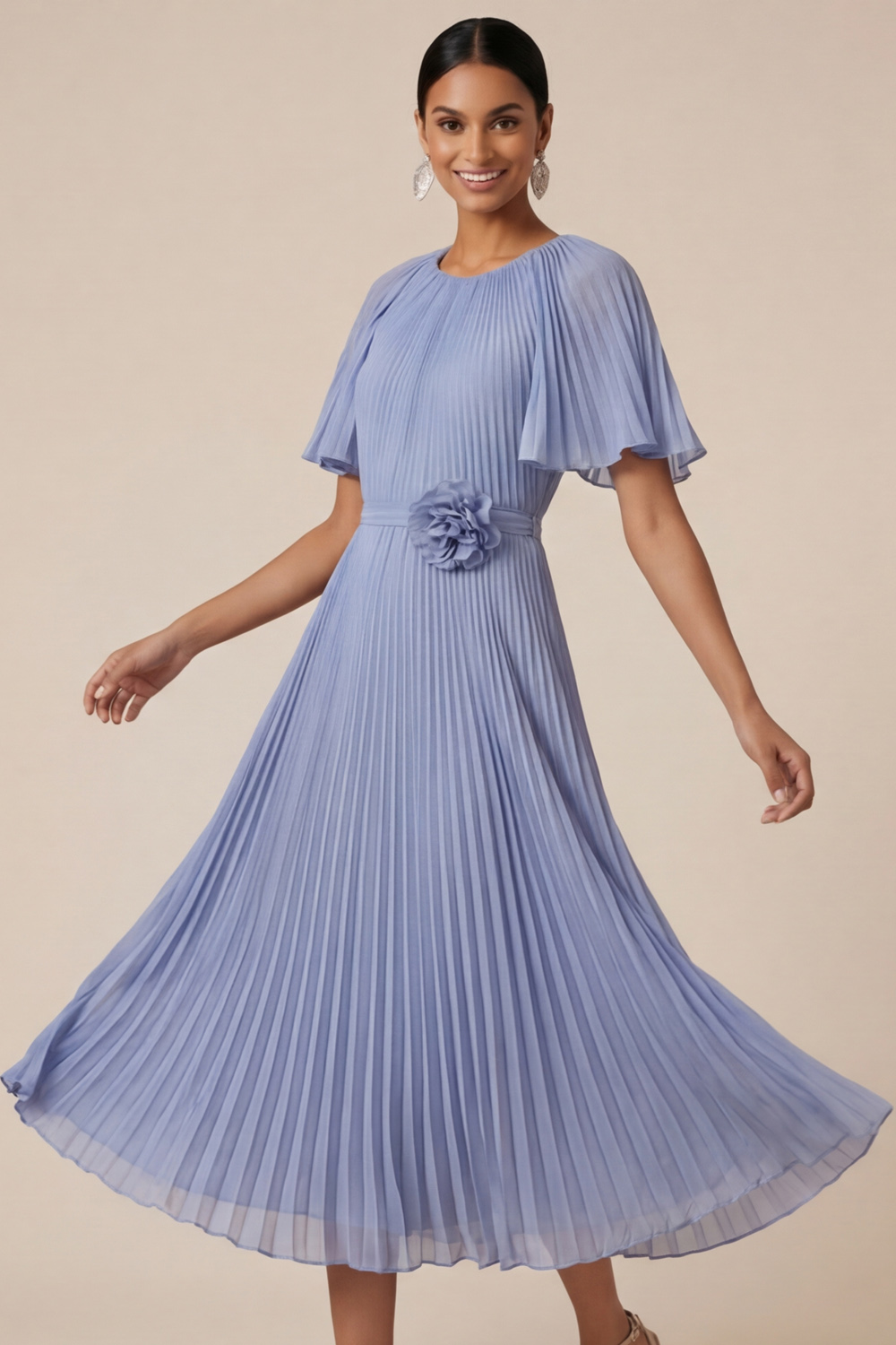 Blue Formal Dress Flutter Sleeve Pleated Midi Dress with 3D Flower