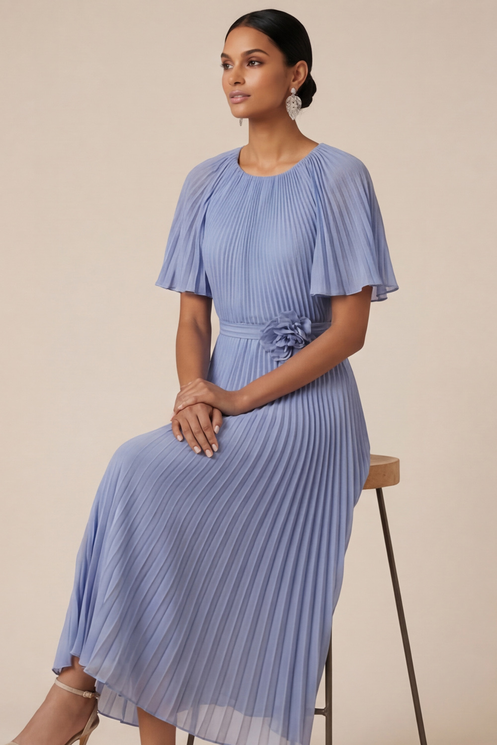 Blue Formal Dress Flutter Sleeve Pleated Midi Dress with 3D Flower