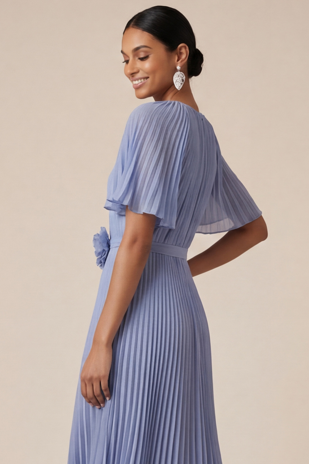 Blue Formal Dress Flutter Sleeve Pleated Midi Dress with 3D Flower