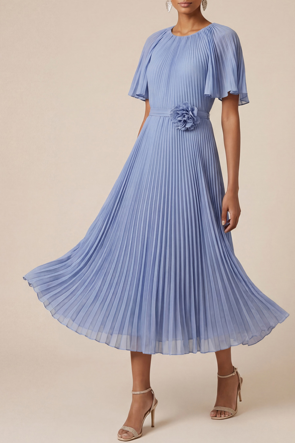 Blue Formal Dress Flutter Sleeve Pleated Midi Dress with 3D Flower