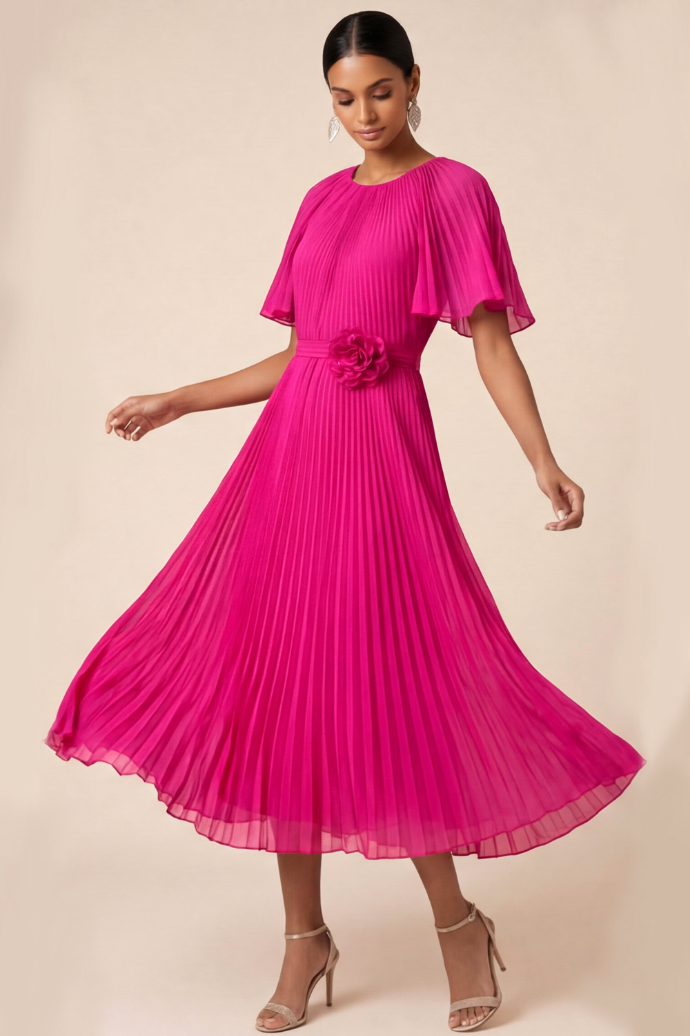 Blue Formal Dress Flutter Sleeve Pleated Midi Dress with 3D Flower