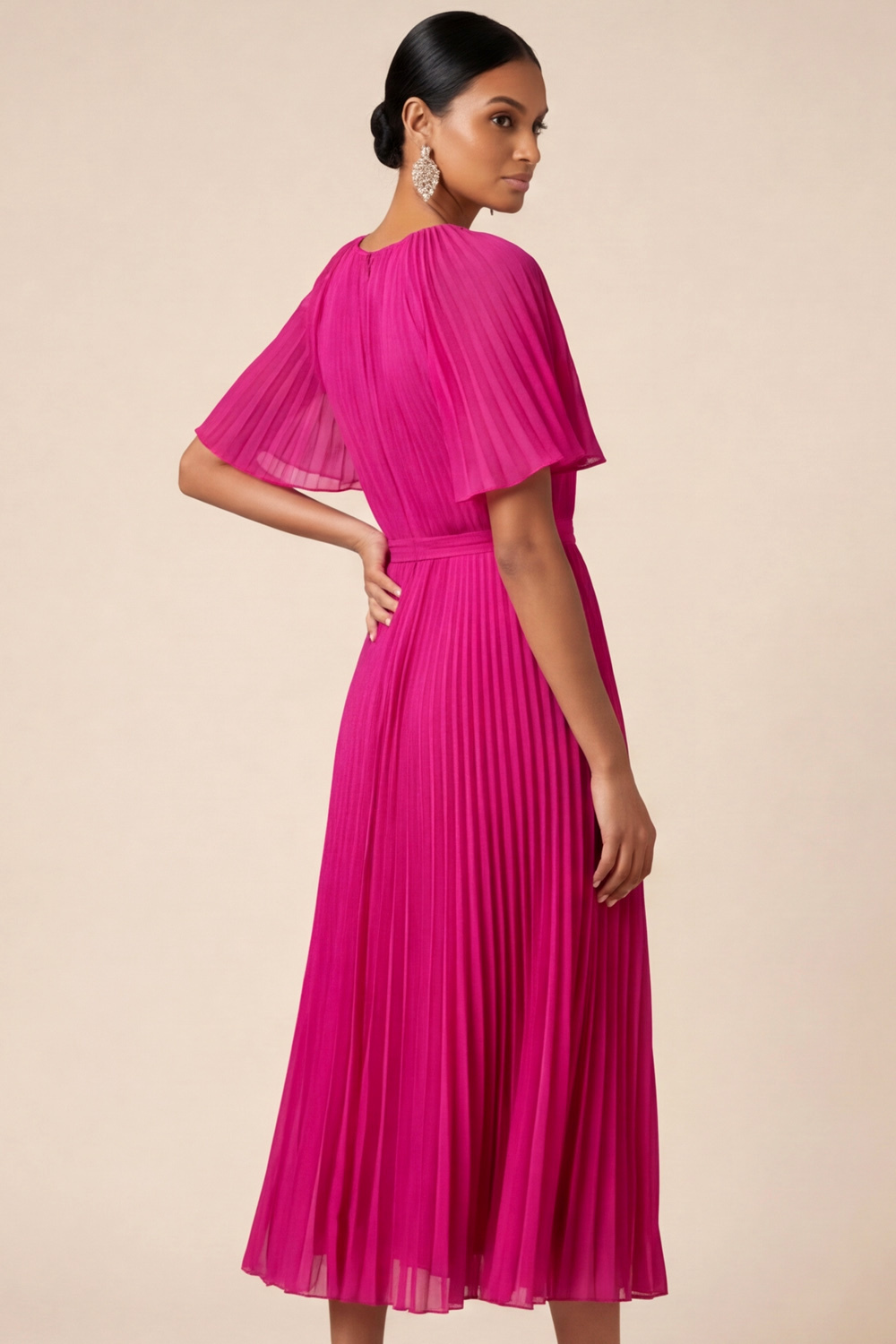 Blue Formal Dress Flutter Sleeve Pleated Midi Dress with 3D Flower
