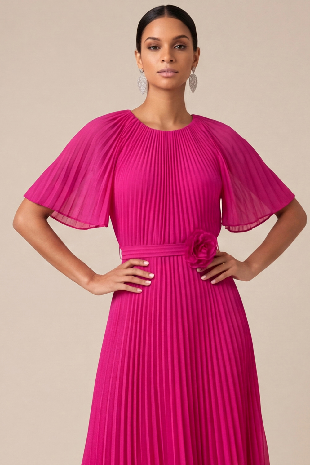 Blue Formal Dress Flutter Sleeve Pleated Midi Dress with 3D Flower