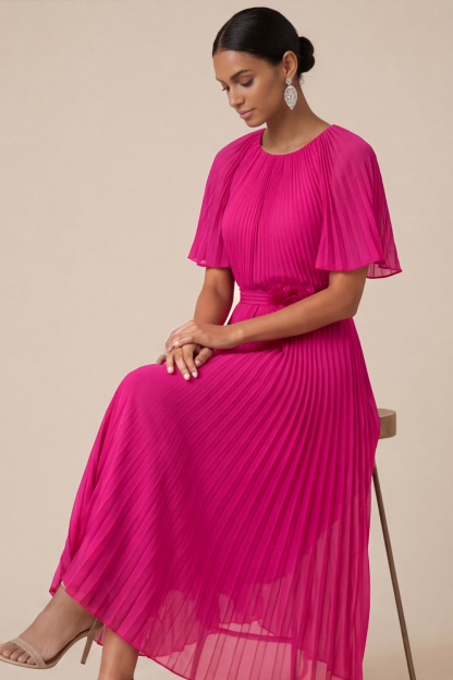 Blue Formal Dress Flutter Sleeve Pleated Midi Dress with 3D Flower