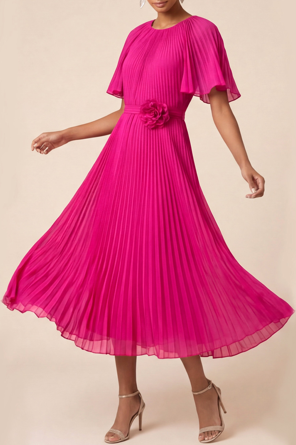 Blue Formal Dress Flutter Sleeve Pleated Midi Dress with 3D Flower
