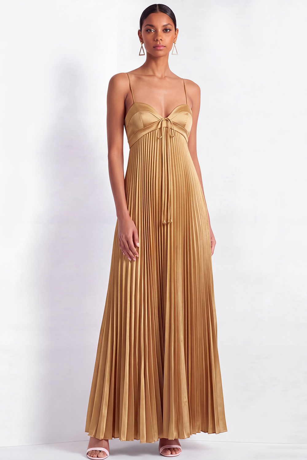 Golden Evening Formal Dress A-Line Spaghetti Straps Pleated Maxi Dress 