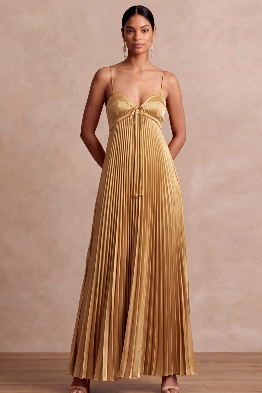 Golden Evening Formal Dress A-Line Spaghetti Straps Pleated Maxi Dress