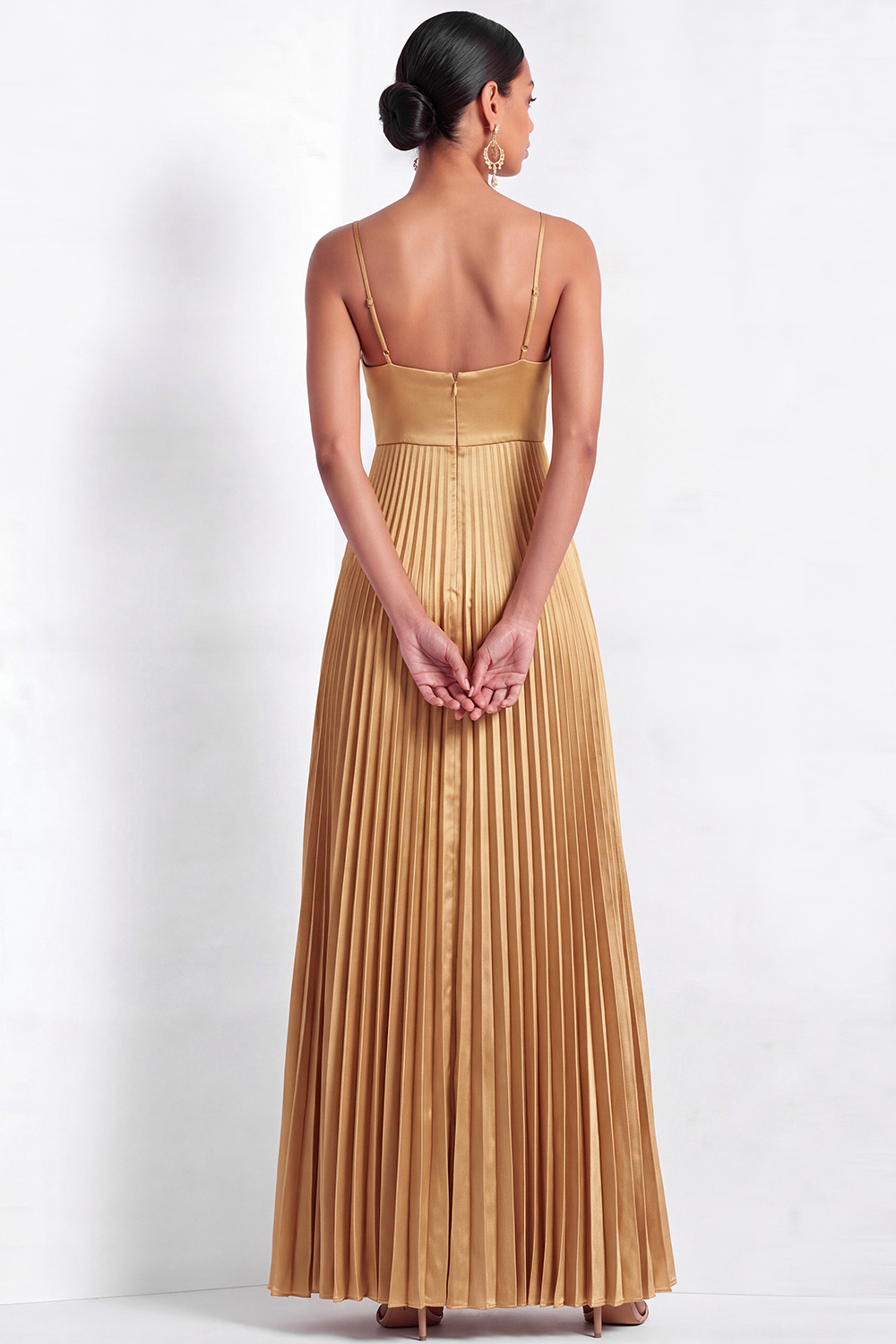 Golden Evening Formal Dress A-Line Spaghetti Straps Pleated Maxi Dress 