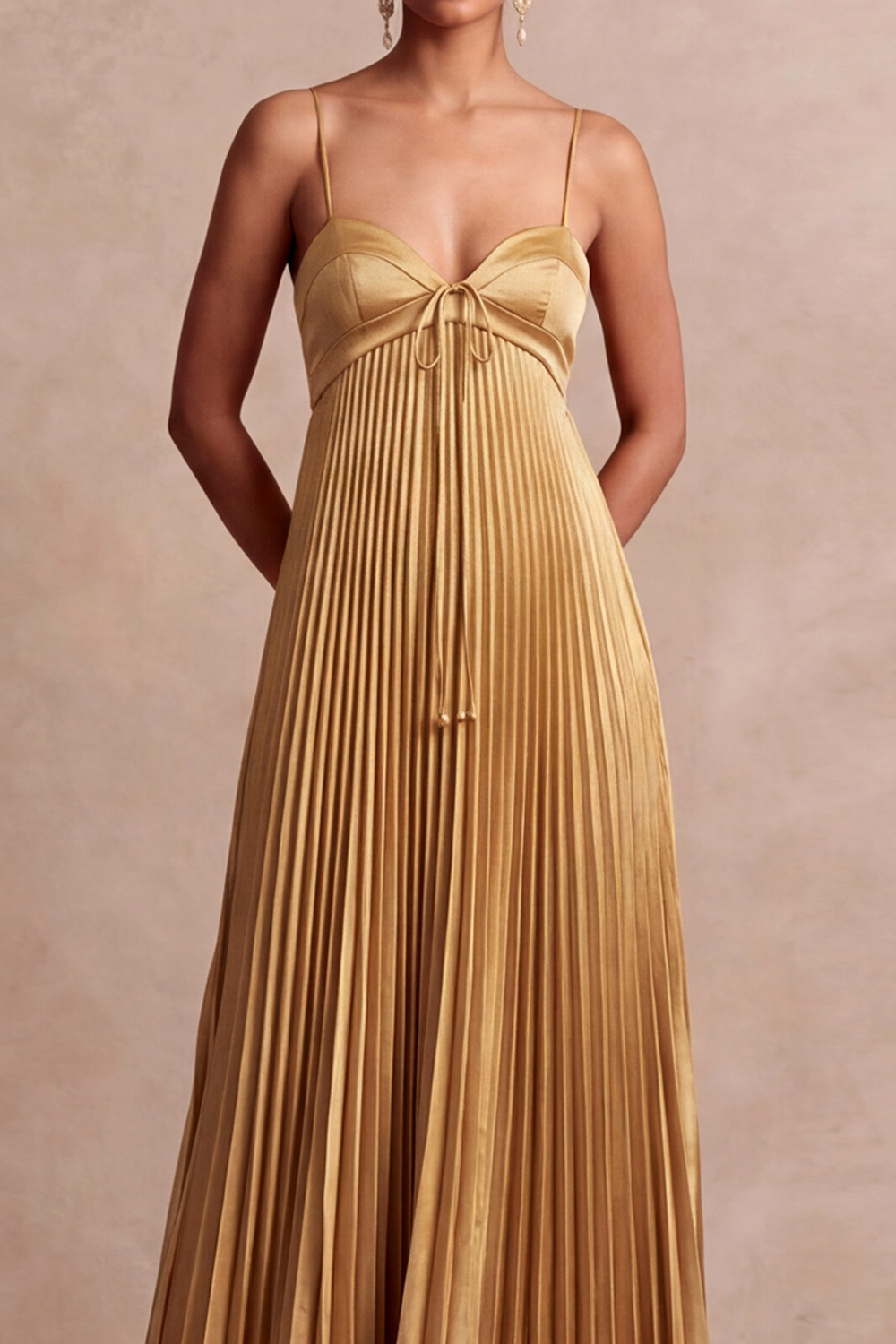 Golden Evening Formal Dress A-Line Spaghetti Straps Pleated Maxi Dress 