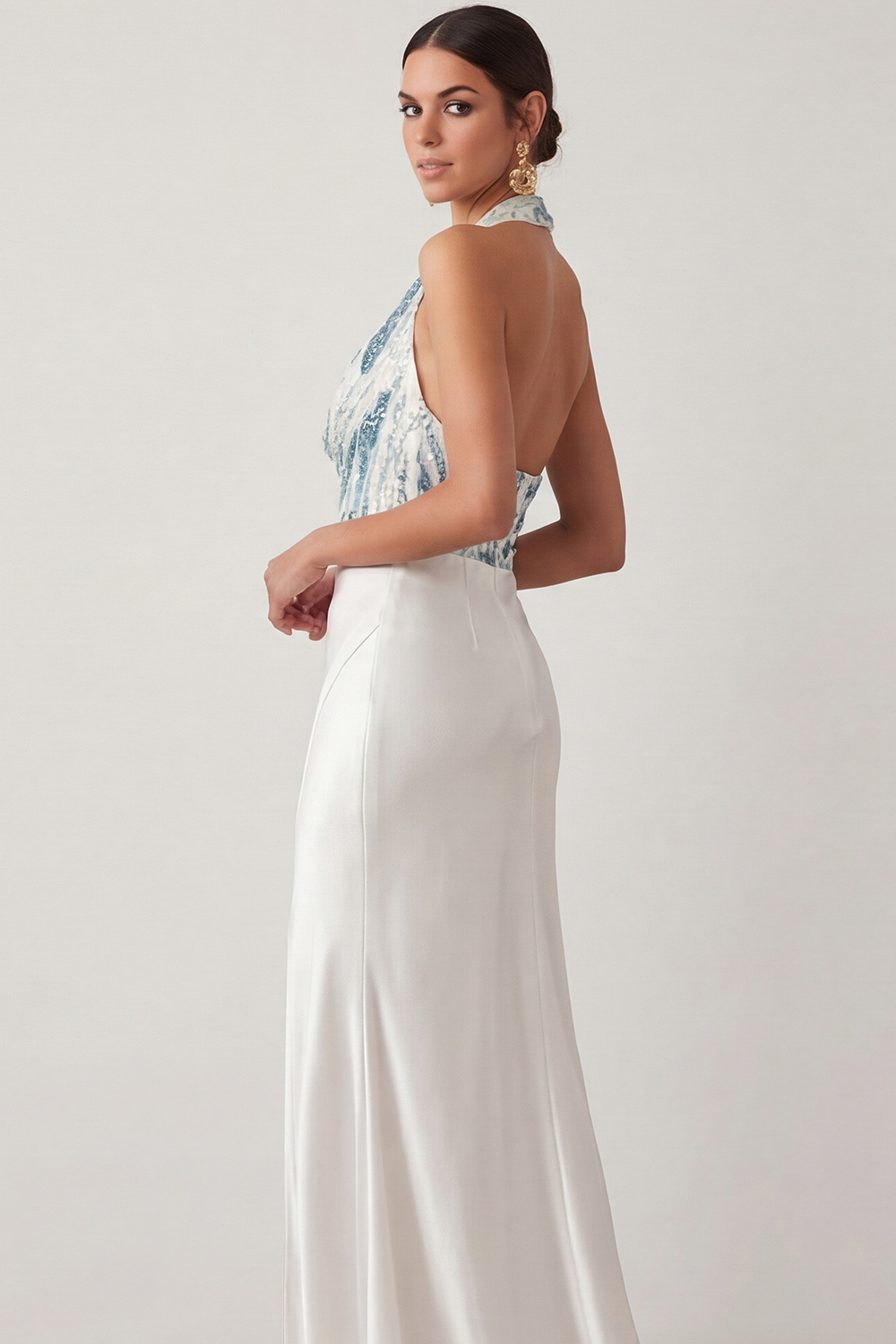 White Formal Evening Dress Cowl Neck Sequin Maxi Dress with Slit