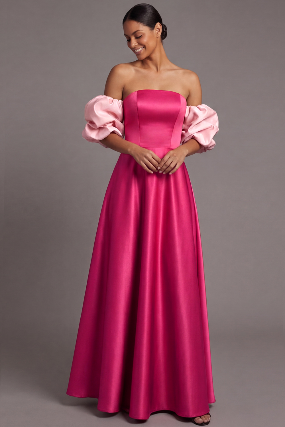 Golden Formal Evening Dress Off the Shoulder Puff Sleeve Satin Maxi Dress