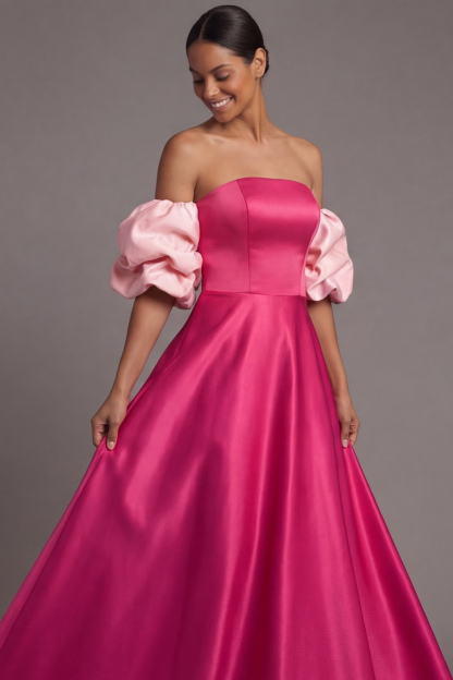 Golden Formal Evening Dress Off the Shoulder Puff Sleeve Satin Maxi Dress 