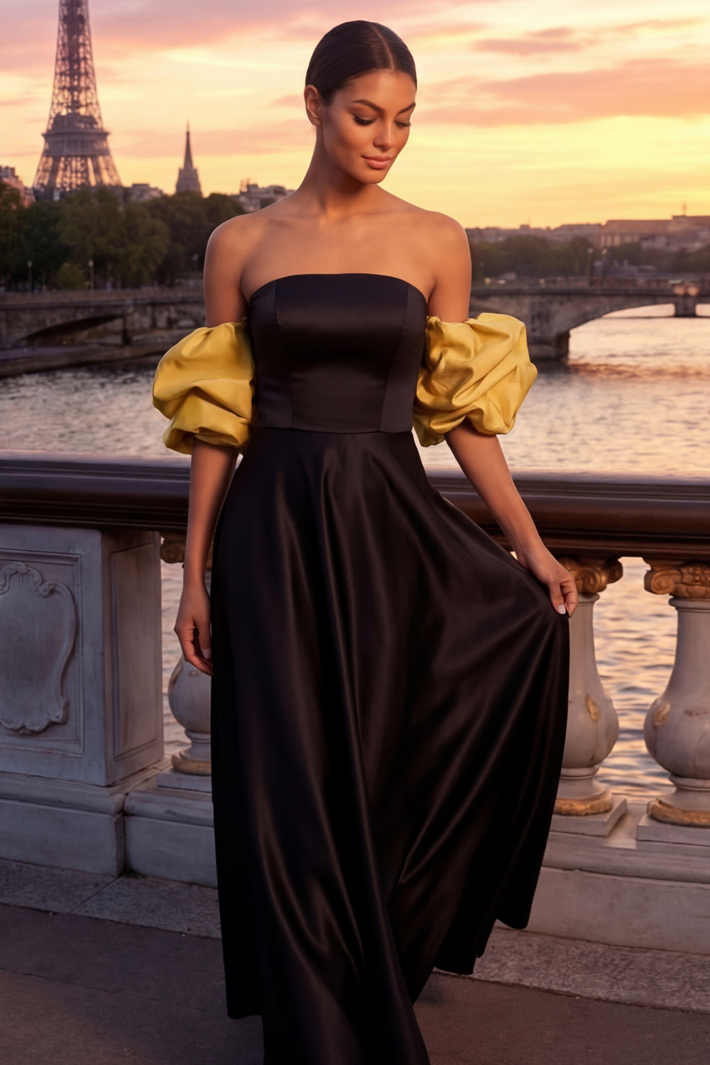 Golden Formal Evening Dress Off the Shoulder Puff Sleeve Satin Maxi Dress 