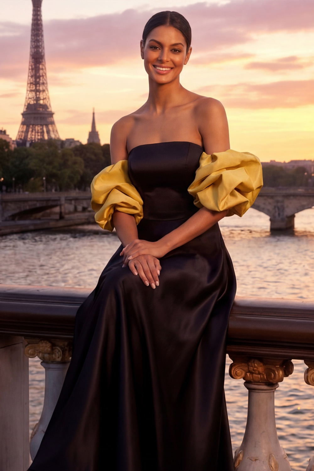 Golden Formal Evening Dress Off the Shoulder Puff Sleeve Satin Maxi Dress 
