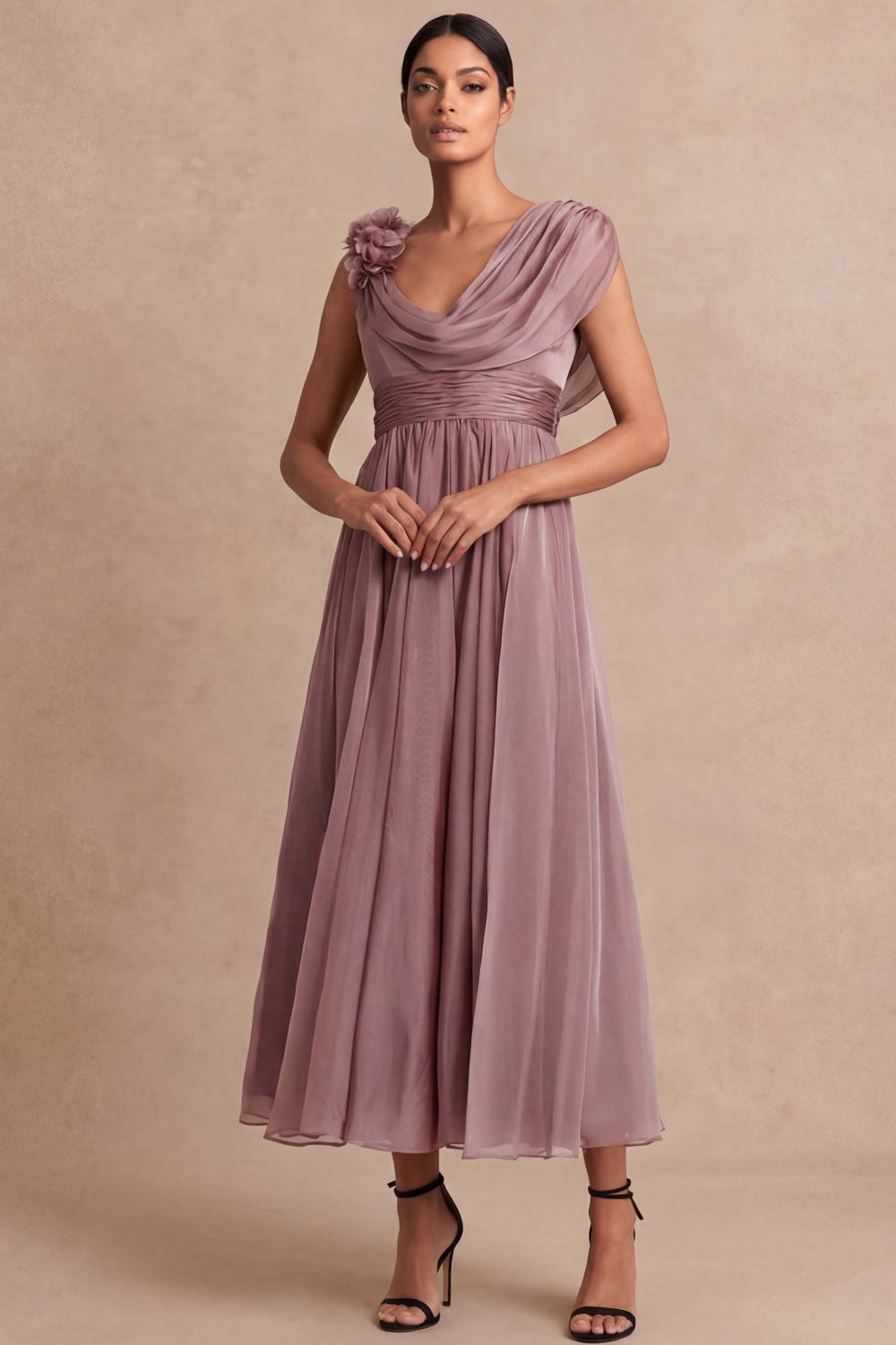 Vintage Rose Formal Dress A-Line Cowl Neck Midi Dress with 3D Flower