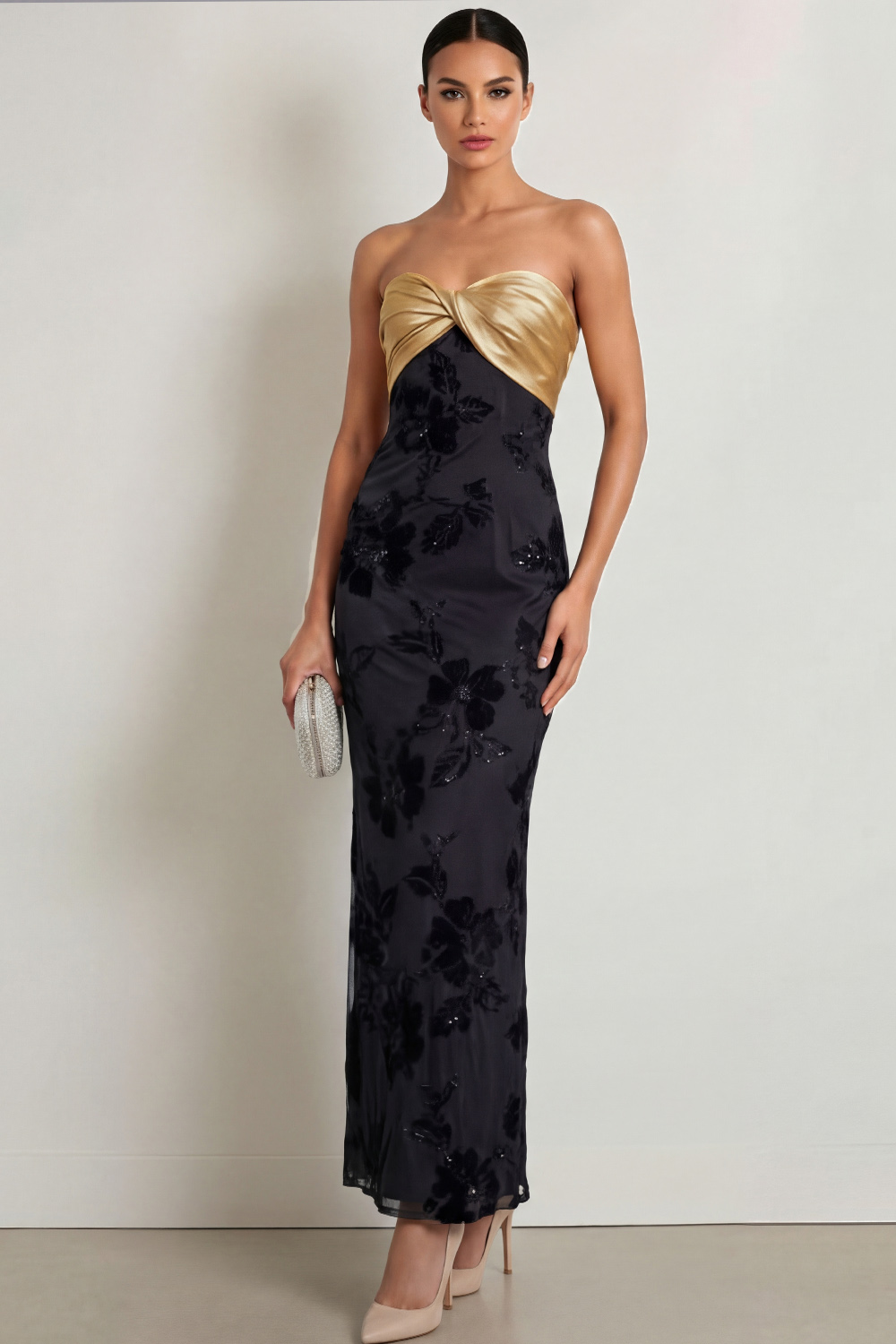 Golden Satin Formal Evening Dress Strapless Black Floral Maxi Dress 
