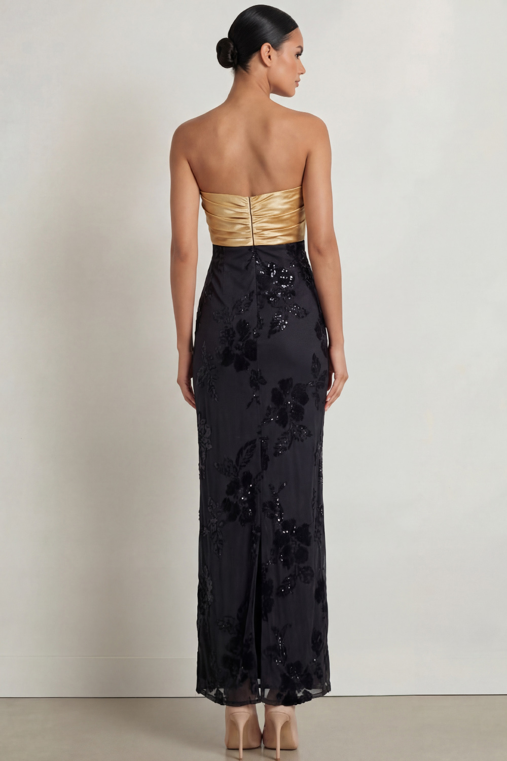 Golden Satin Formal Evening Dress Strapless Black Floral Maxi Dress 