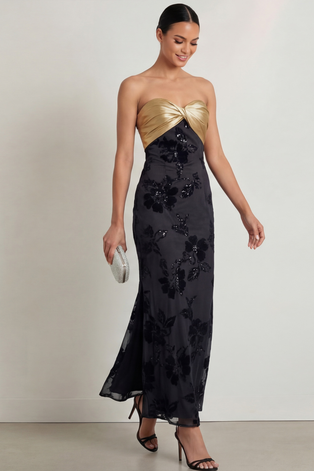 Golden Satin Formal Evening Dress Strapless Black Floral Maxi Dress 