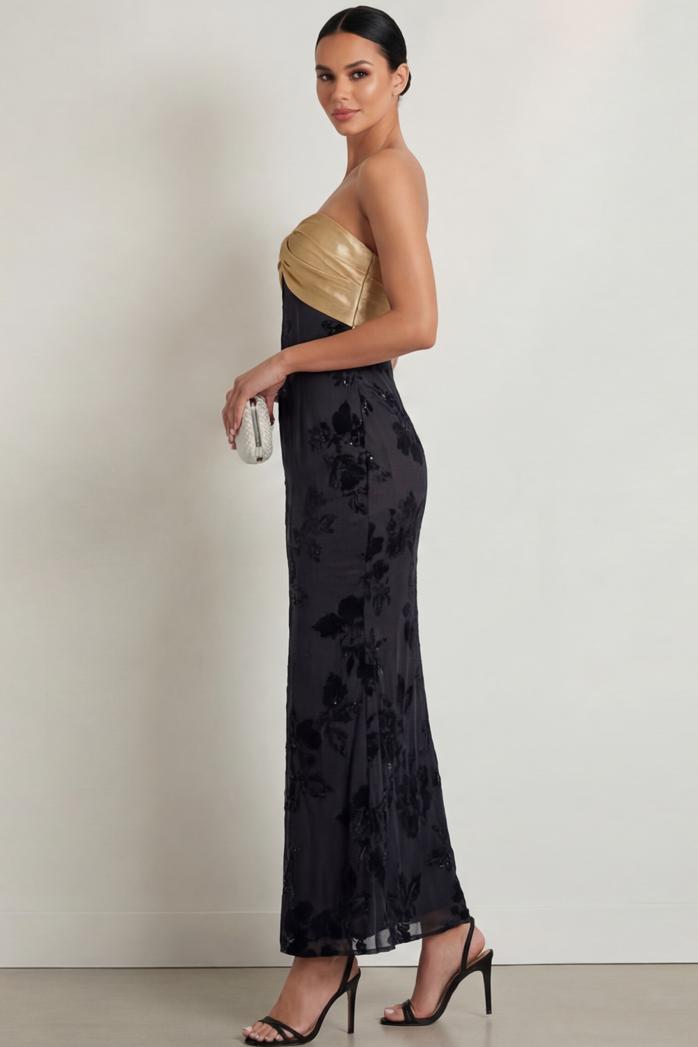 Golden Satin Formal Evening Dress Strapless Black Floral Maxi Dress 