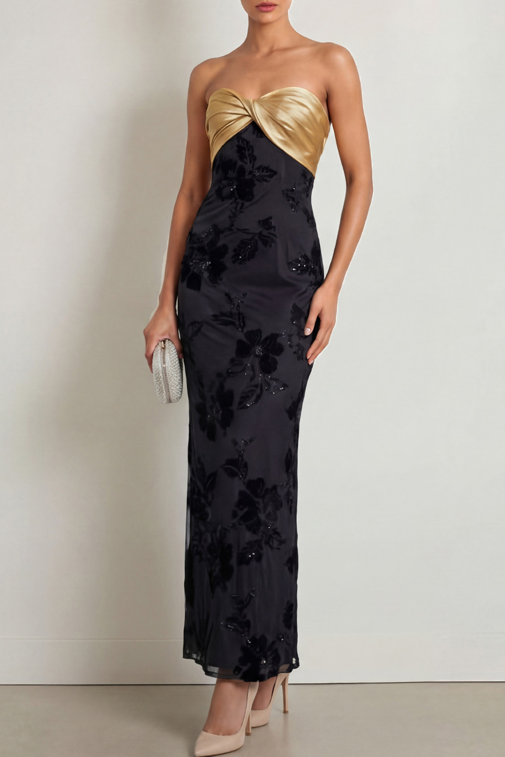 Golden Satin Formal Evening Dress Strapless Black Floral Maxi Dress 