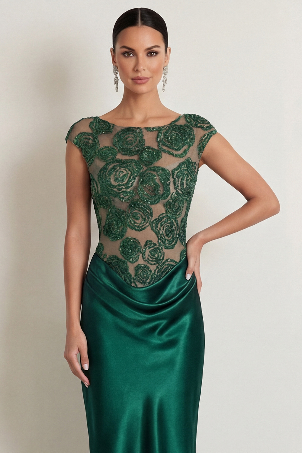 Emerald Green Formal Evening Dress Crew Neck Sequin Maxi Dress 