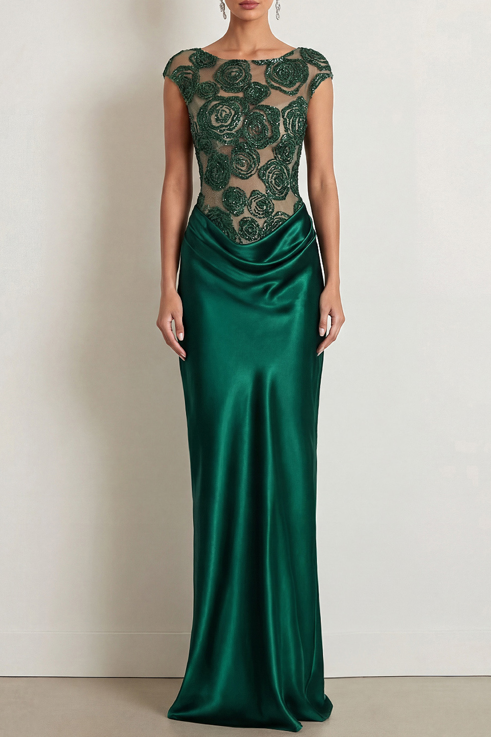 Emerald Green Formal Evening Dress Crew Neck Sequin Maxi Dress 
