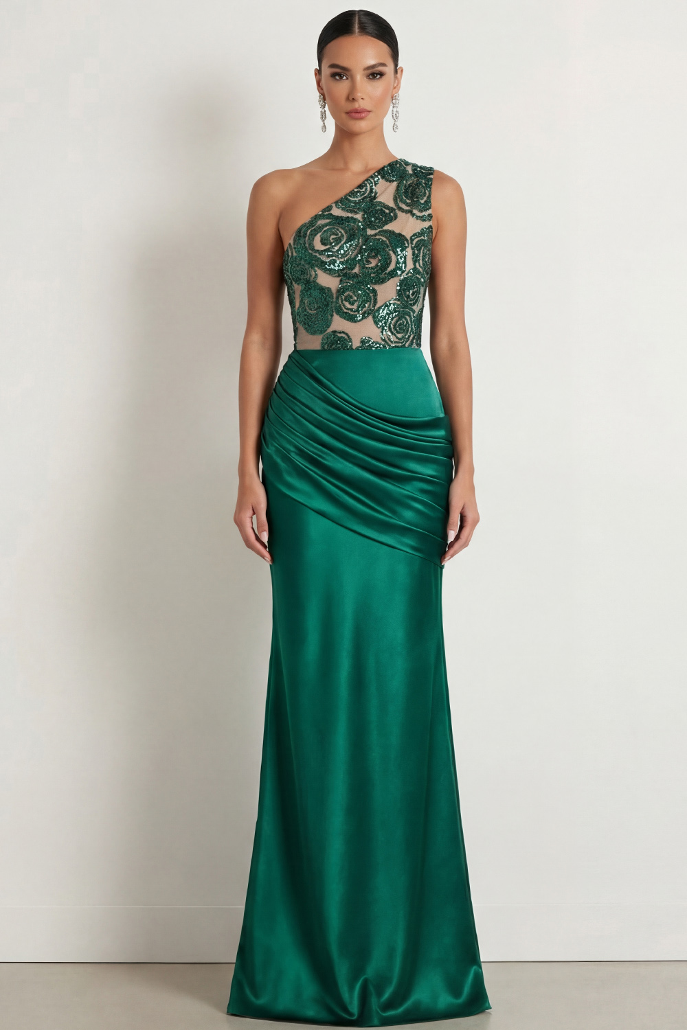 Emerald Green Formal Dress One Shoulder Ruched Maxi Dress with Sequin
