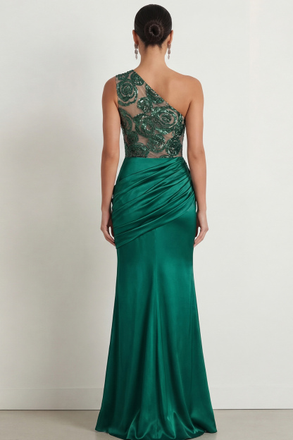 Emerald Green Formal Dress One Shoulder Ruched Maxi Dress with Sequin