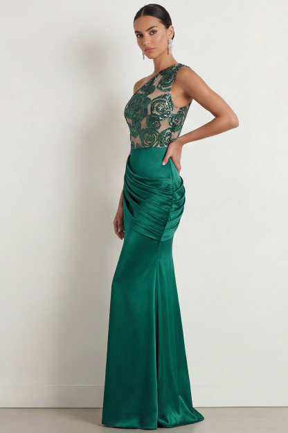 Emerald Green Formal Dress One Shoulder Ruched Maxi Dress with Sequin