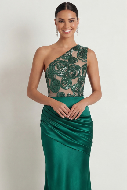 Emerald Green Formal Dress One Shoulder Ruched Maxi Dress with Sequin