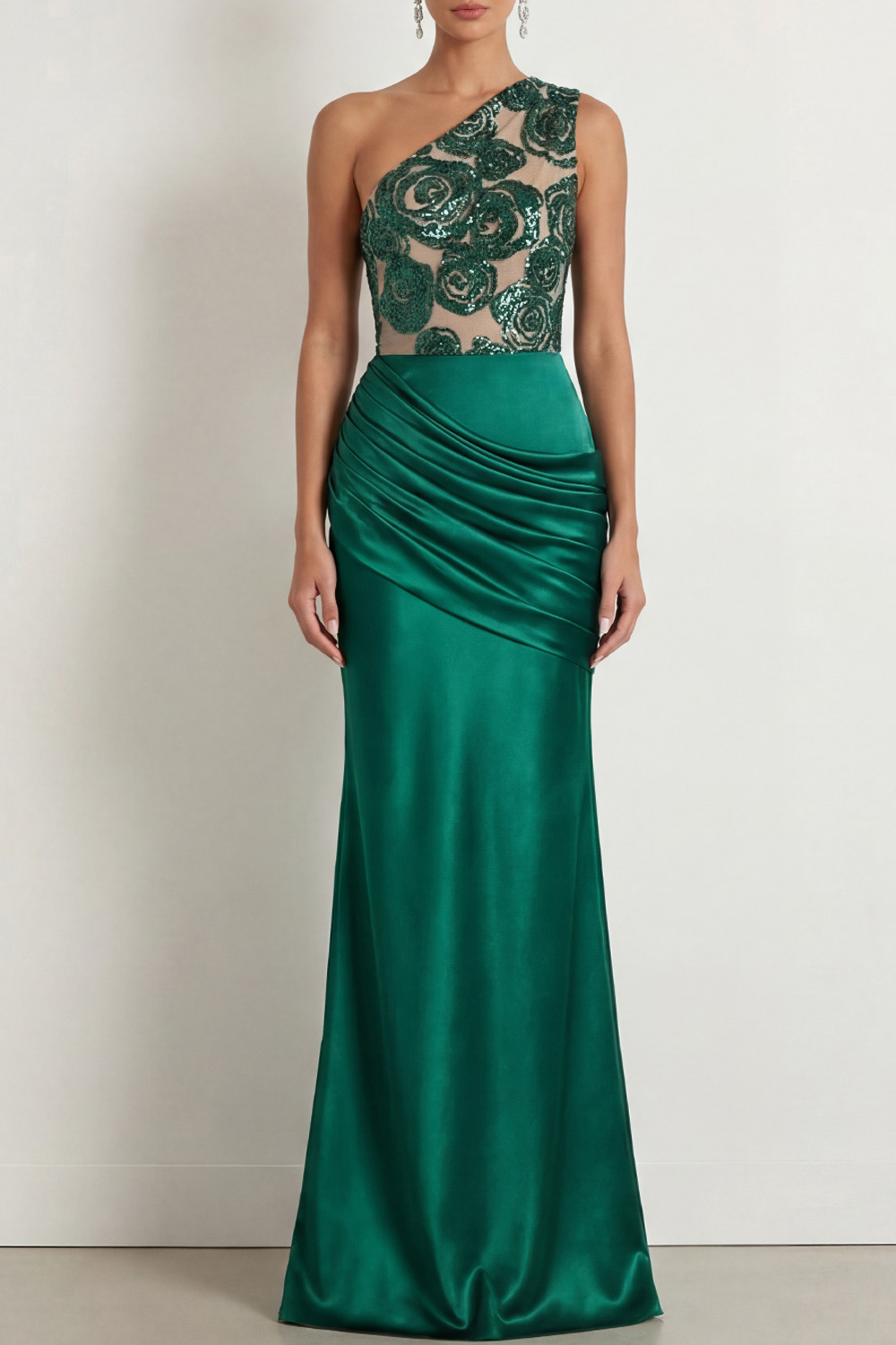 Emerald Green Formal Dress One Shoulder Ruched Maxi Dress with Sequin
