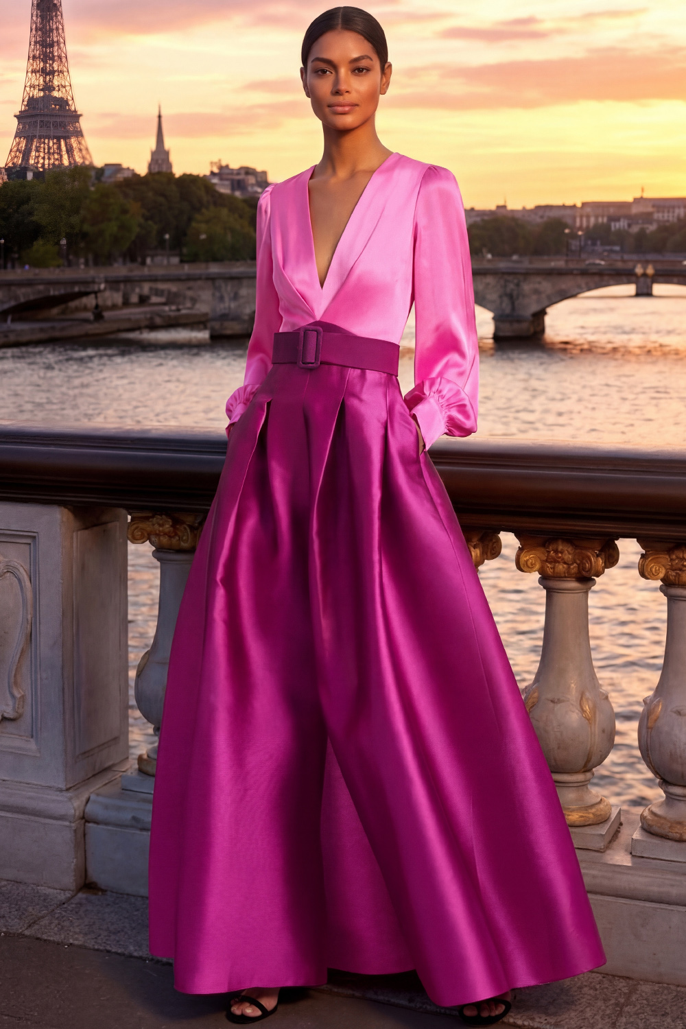 Fuchsia Formal Evening Dress A-Line V Neck Satin Maxi Dress 