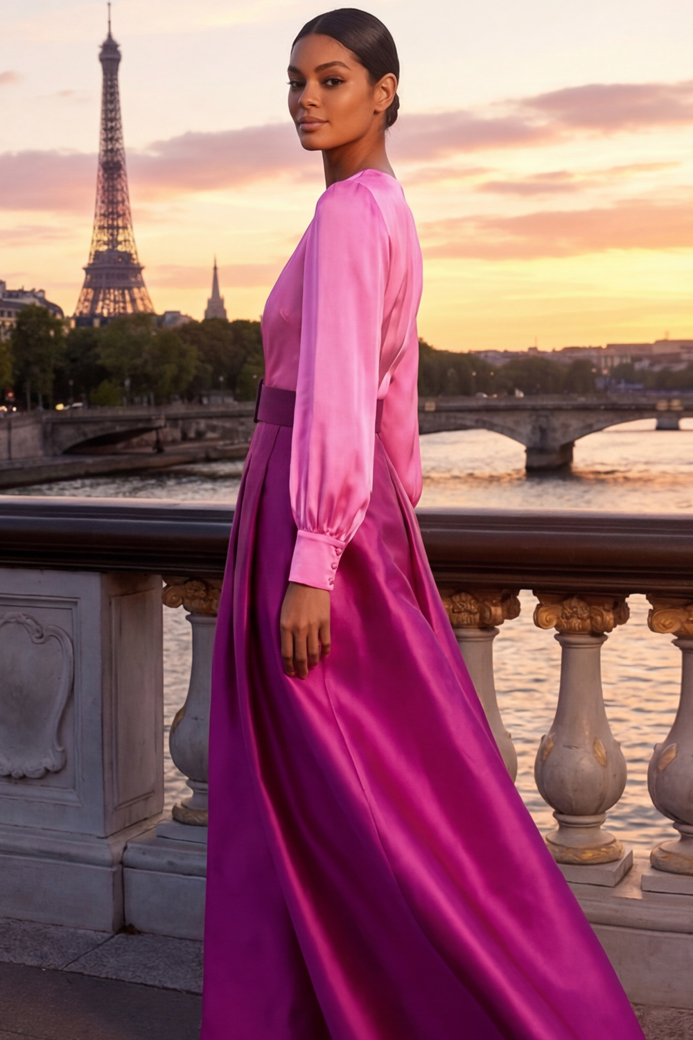 Fuchsia Formal Evening Dress A-Line V Neck Satin Maxi Dress 