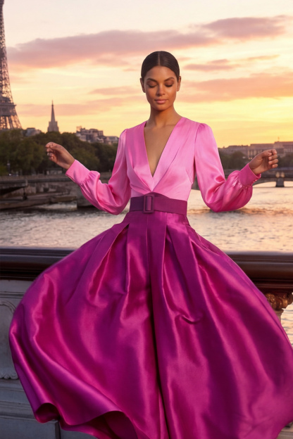 Fuchsia Formal Evening Dress A-Line V Neck Satin Maxi Dress 