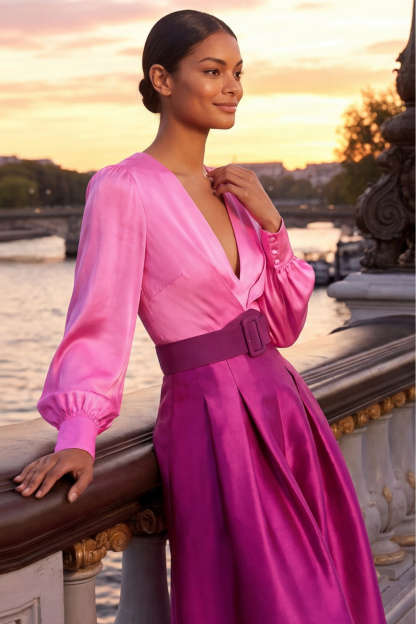 Fuchsia Formal Evening Dress A-Line V Neck Satin Maxi Dress 