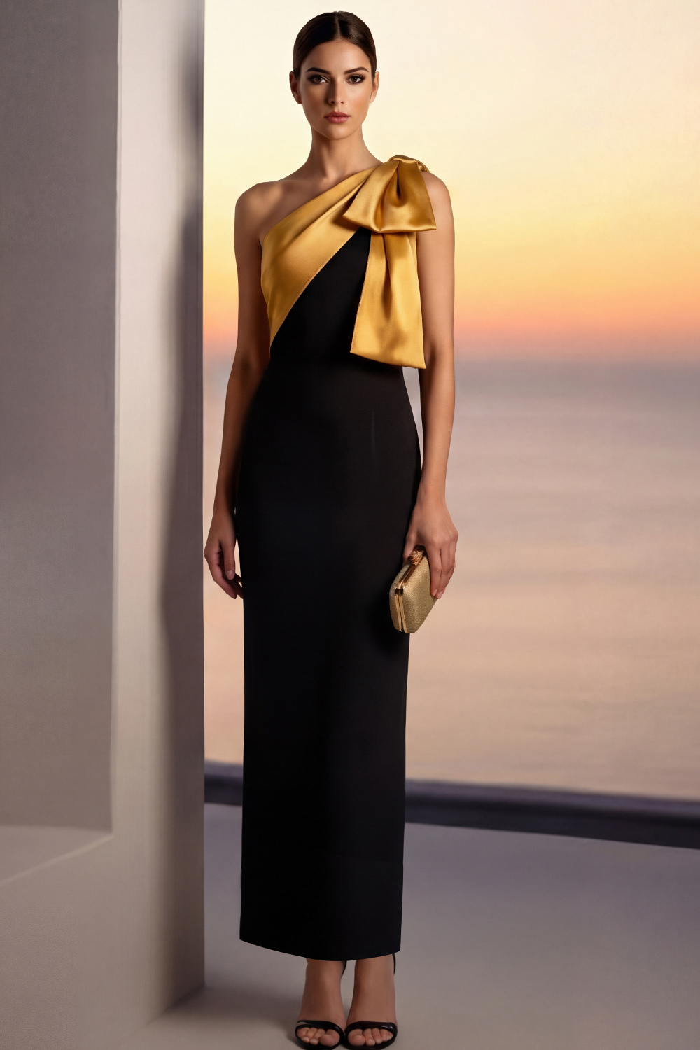 Golden Formal Dress Sheath One Shoulder Satin Maxi Dress with Bow