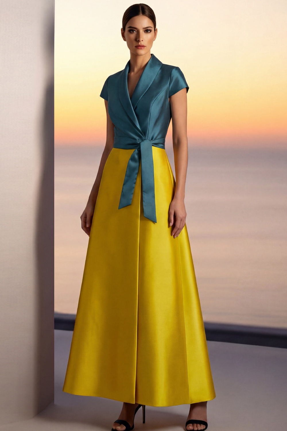 Golden and Peacock Blue Formal Evening Dress A-Line Lapel Satin Maxi Dress