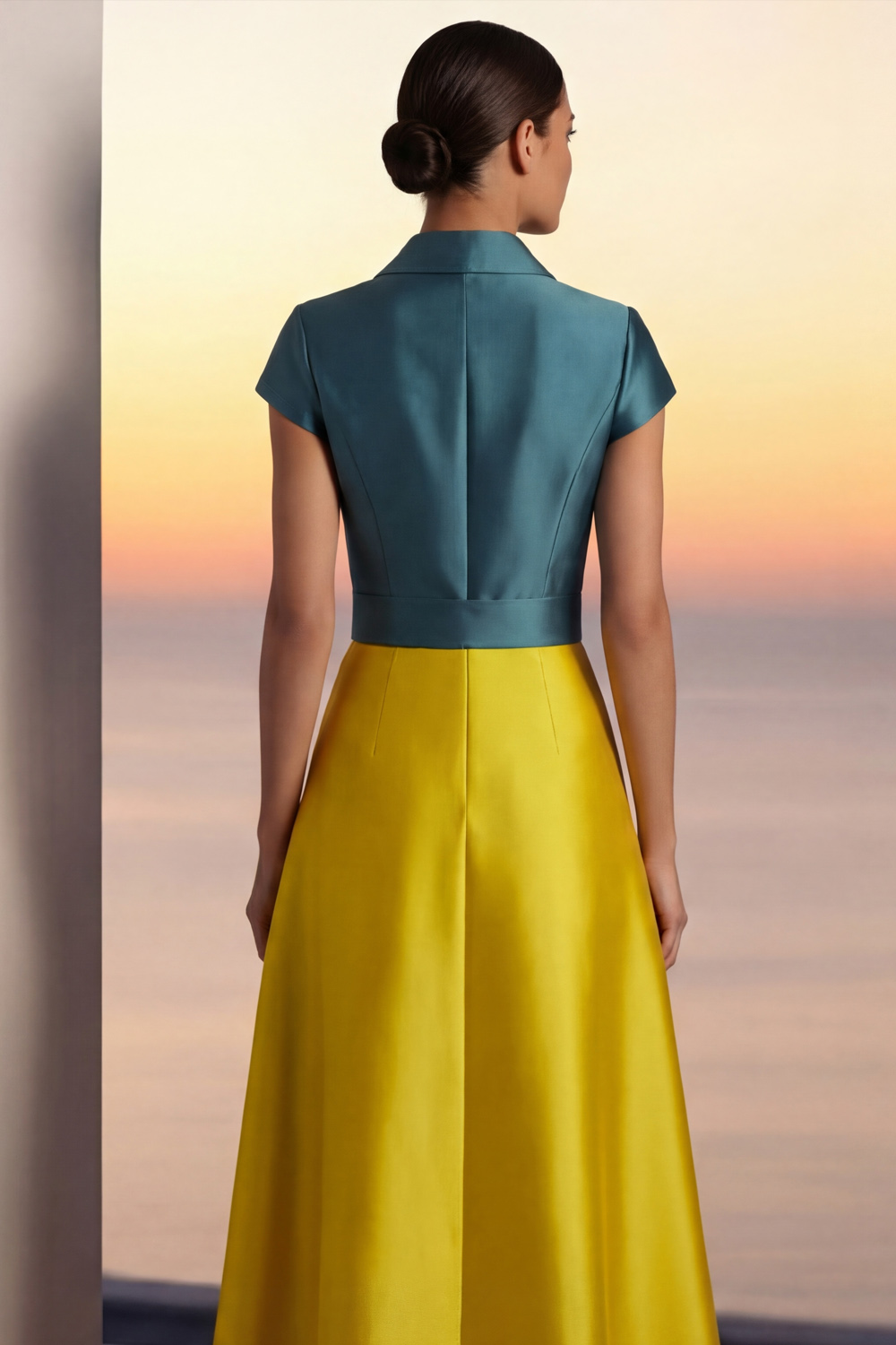 Golden and Peacock Blue Formal Evening Dress A-Line Lapel Satin Maxi Dress